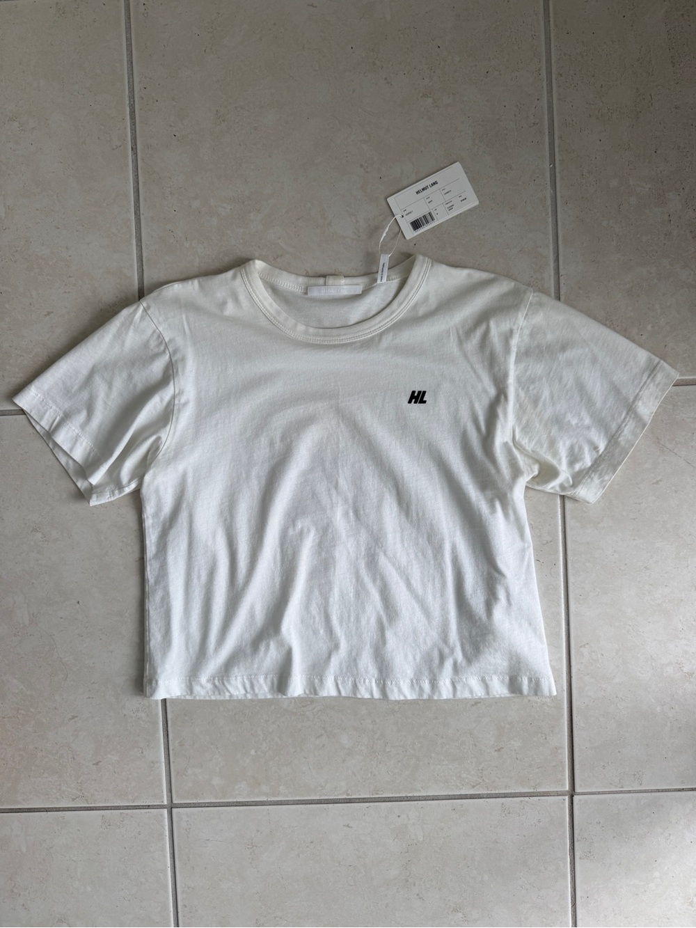 Helmut Lang White Short Sleeve Cropped Flocking Tee with HL Logo